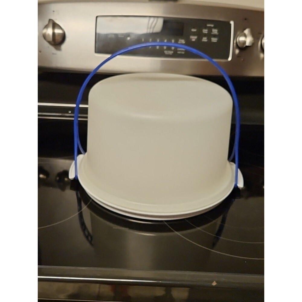 Vintage Tupperware 10" Cake Carrier White Speckled Base 684 Lid 683 Blue Handle